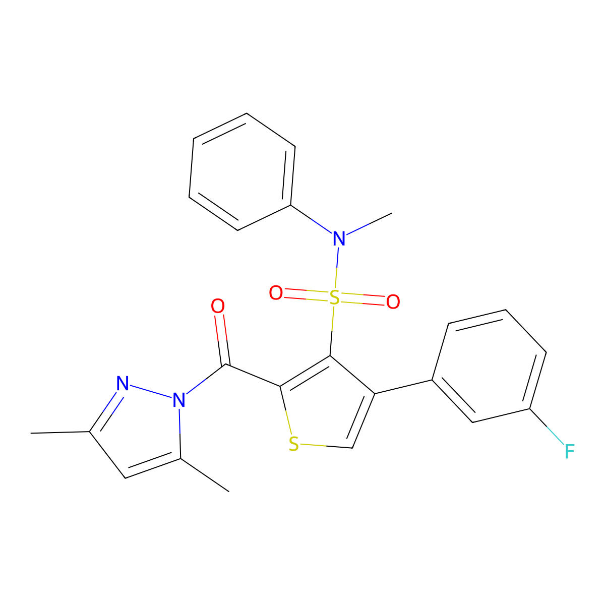2-(3,5-dimethyl-1H-pyrazole-1-carbonyl)-4-(3-fluorophenyl)-N-methyl-N-phenylthiophene-3-sulfonamide molecular structure, CAS 1173059-85-2