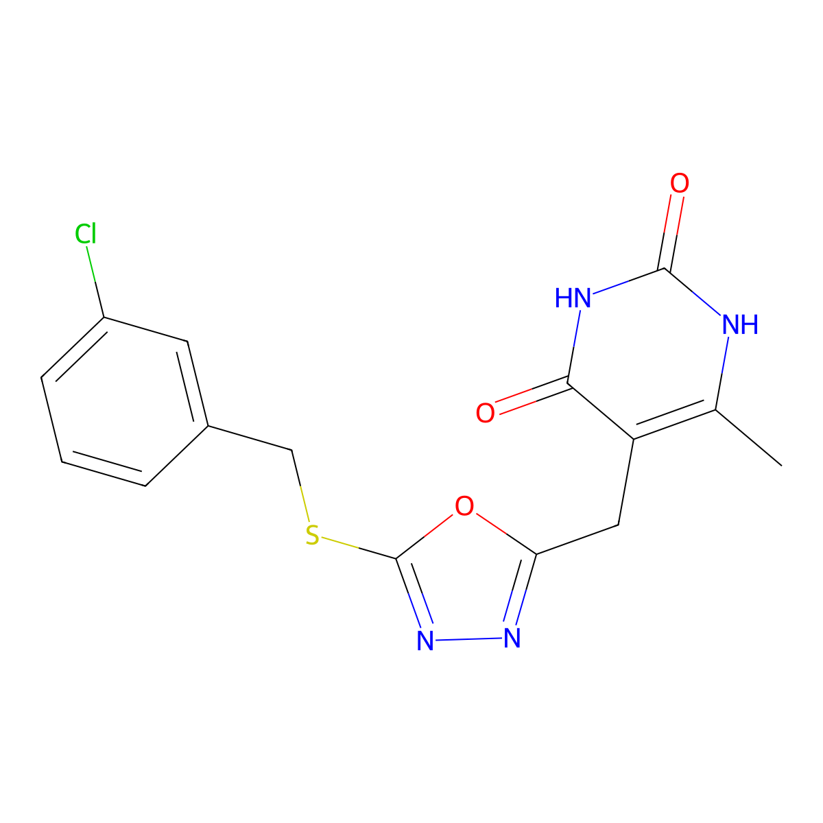 5-((5-((3-chlorobenzyl)thio)-1,3,4-oxadiazol-2-yl)methyl)-6-methylpyrimidine-2,4(1H,3H)-dione molecular structure, CAS 1173059-86-3