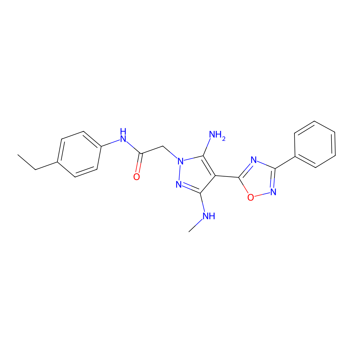 2-[5-amino-3-(methylamino)-4-(3-phenyl-1,2,4-oxadiazol-5-yl)-1H-pyrazol-1-yl]-N-(4-ethylphenyl)acetamide molecular structure, CAS 1173061-72-7