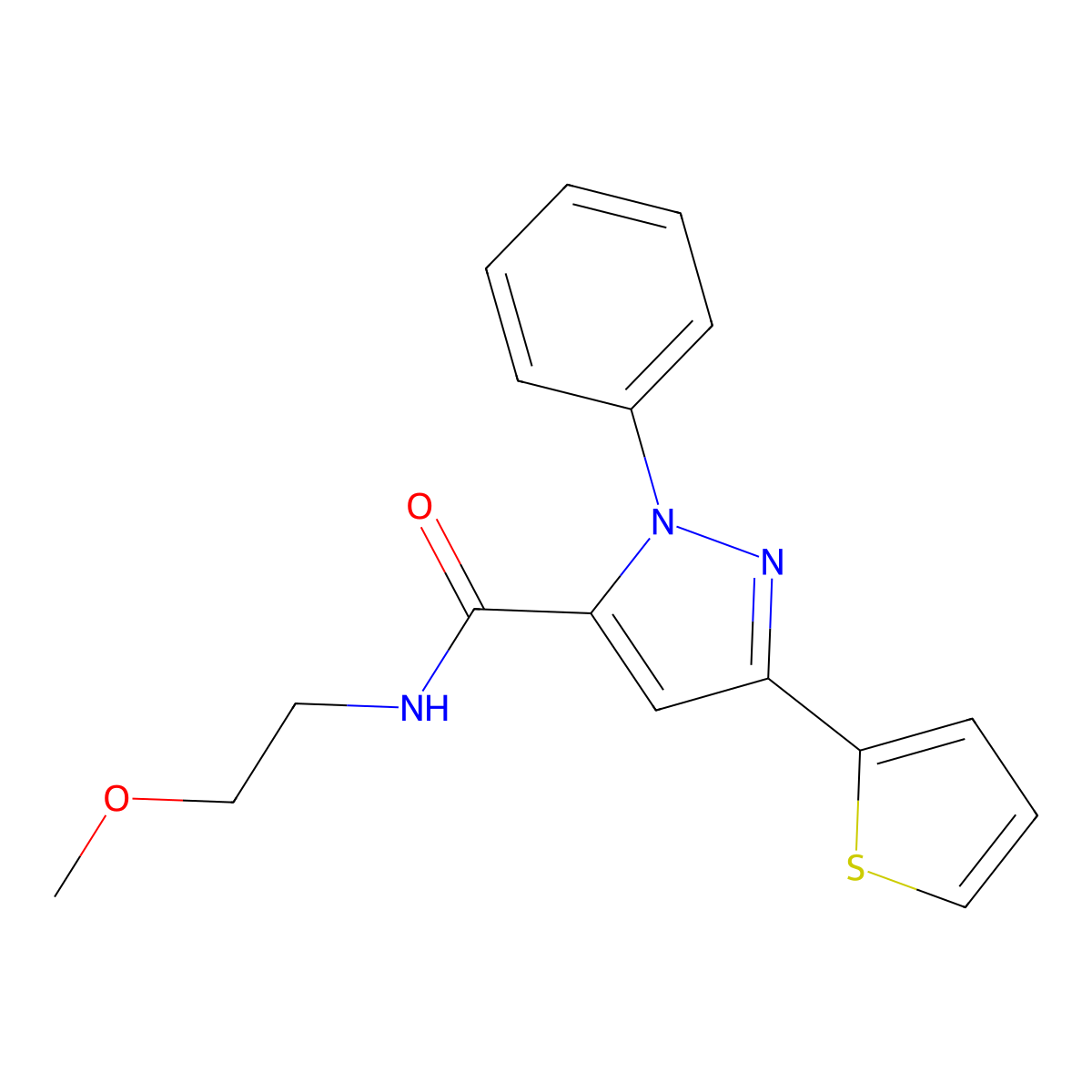 N-(2-methoxyethyl)-1-phenyl-3-(thiophen-2-yl)-1H-pyrazole-5-carboxamide molecular structure, CAS 1173062-16-2