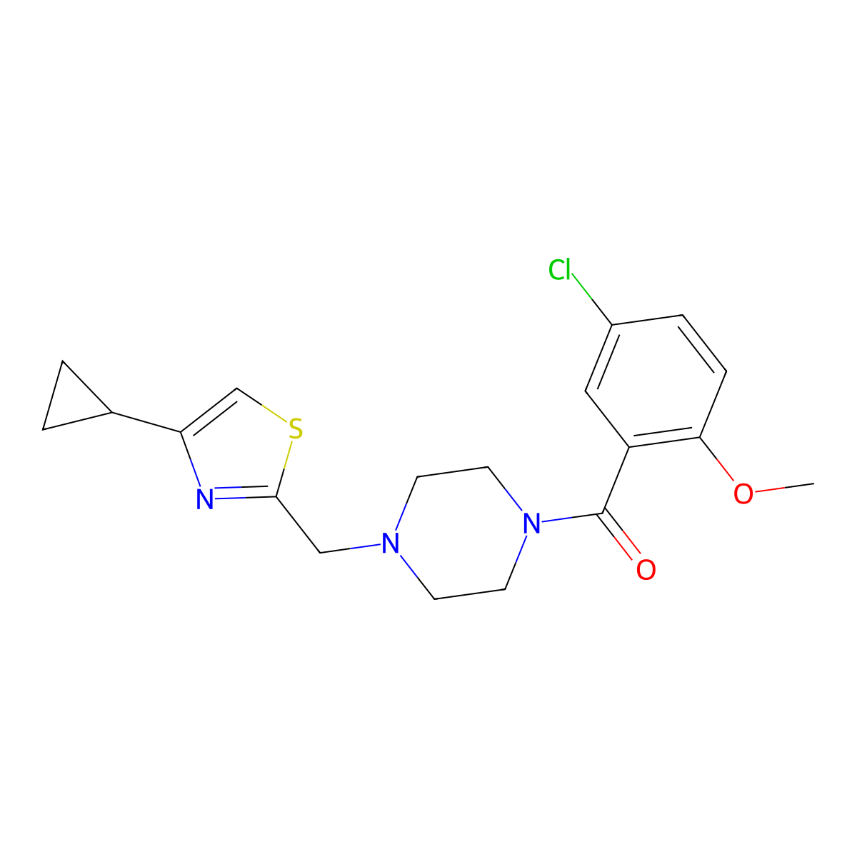 (5-Chloro-2-methoxyphenyl)(4-((4-cyclopropylthiazol-2-yl)methyl)piperazin-1-yl)methanone molecular structure, CAS 1173062-42-4