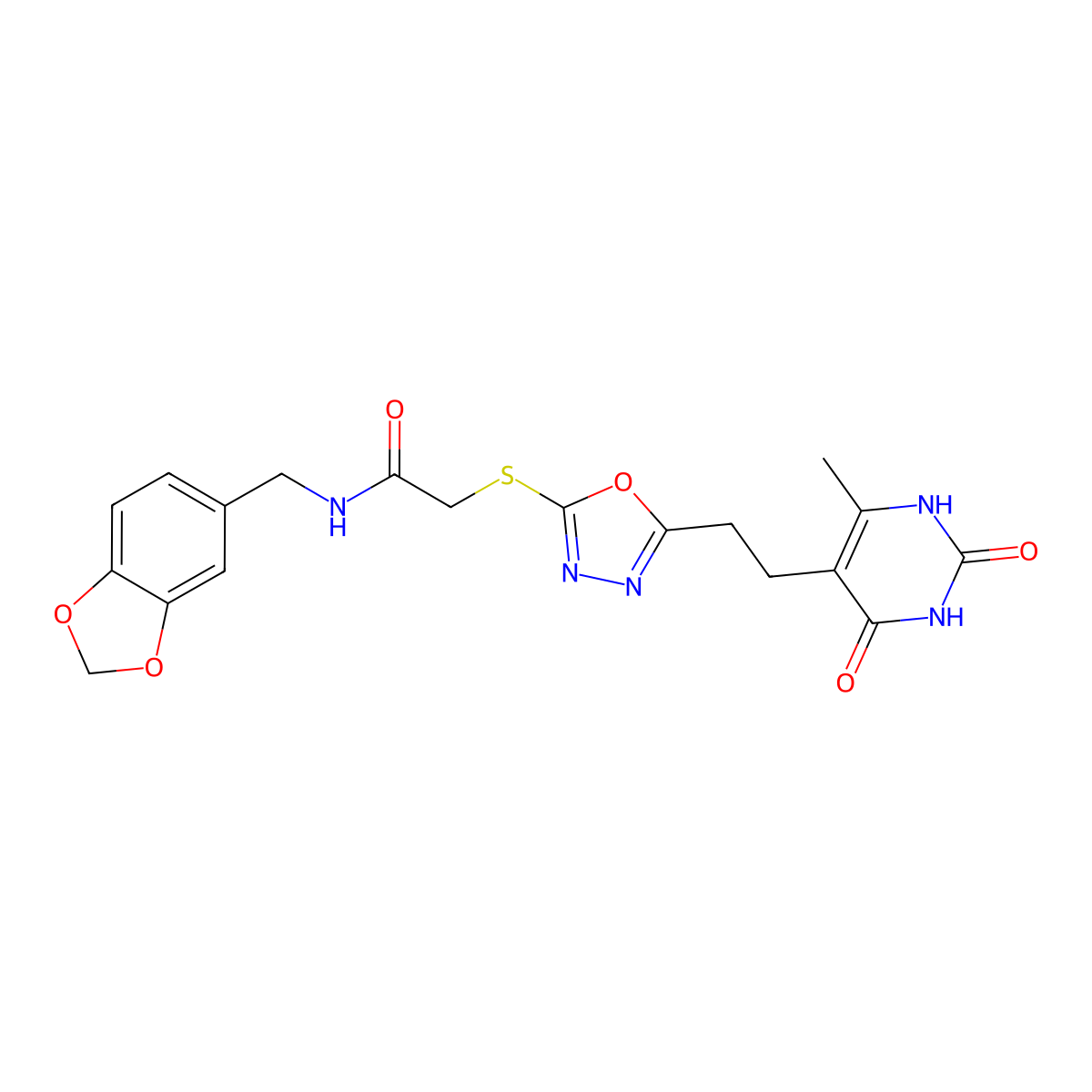 N-(benzo[d][1,3]dioxol-5-ylmethyl)-2-((5-(2-(6-methyl-2,4-dioxo-1,2,3,4-tetrahydropyrimidin-5-yl)ethyl)-1,3,4-oxadiazol-2-yl)thio)acetamide molecular structure, CAS 1173062-49-1