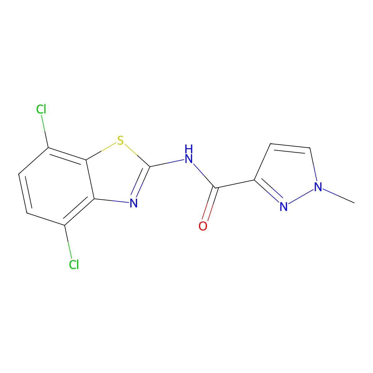 N-(4,7-dichlorobenzo[d]thiazol-2-yl)-1-methyl-1H-pyrazole-3-carboxamide molecular structure, CAS 1173064-25-9