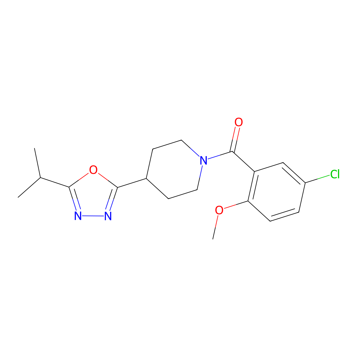 (5-Chloro-2-methoxyphenyl)(4-(5-isopropyl-1,3,4-oxadiazol-2-yl)piperidin-1-yl)methanone molecular structure, CAS 1173067-93-0