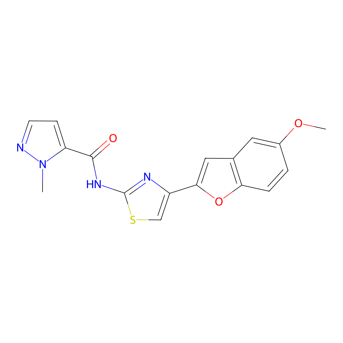 N-(4-(5-methoxybenzofuran-2-yl)thiazol-2-yl)-1-methyl-1H-pyrazole-5-carboxamide molecular structure, CAS 1173070-27-3