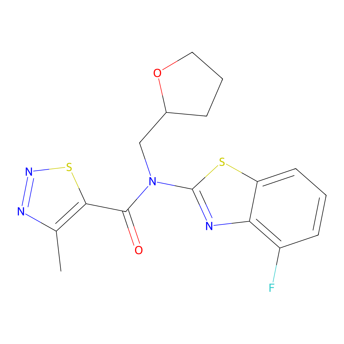 N-(4-fluorobenzo[d]thiazol-2-yl)-4-methyl-N-((tetrahydrofuran-2-yl)methyl)-1,2,3-thiadiazole-5-carboxamide molecular structure, CAS 1173073-76-1