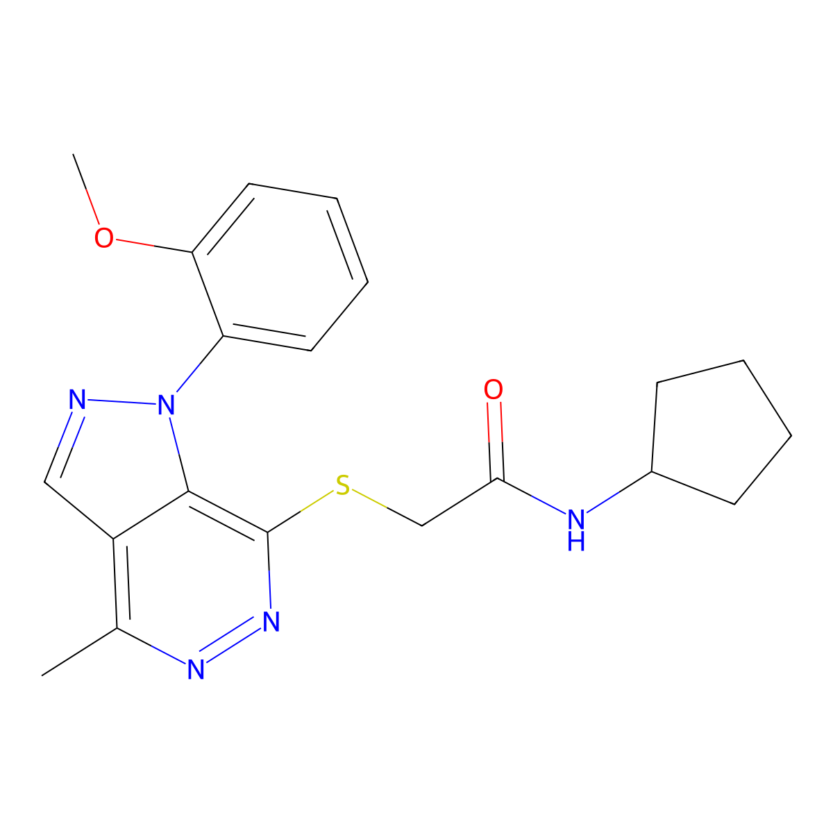 N-cyclopentyl-2-((1-(2-methoxyphenyl)-4-methyl-1H-pyrazolo[3,4-d]pyridazin-7-yl)thio)acetamide molecular structure, CAS 1173078-03-9