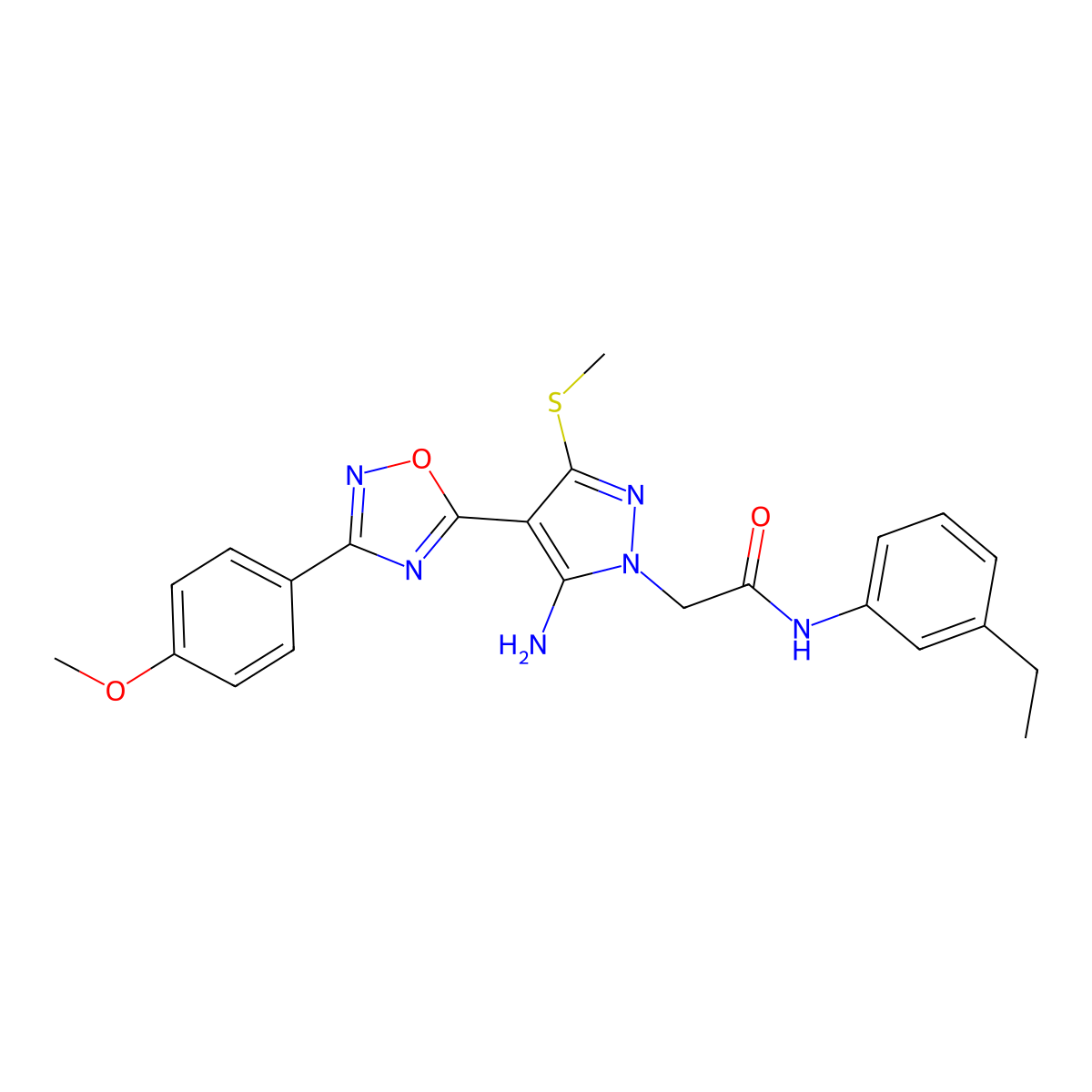 2-(5-amino-4-(3-(4-methoxyphenyl)-1,2,4-oxadiazol-5-yl)-3-(methylthio)-1H-pyrazol-1-yl)-N-(3-ethylphenyl)acetamide molecular structure, CAS 1173078-99-3