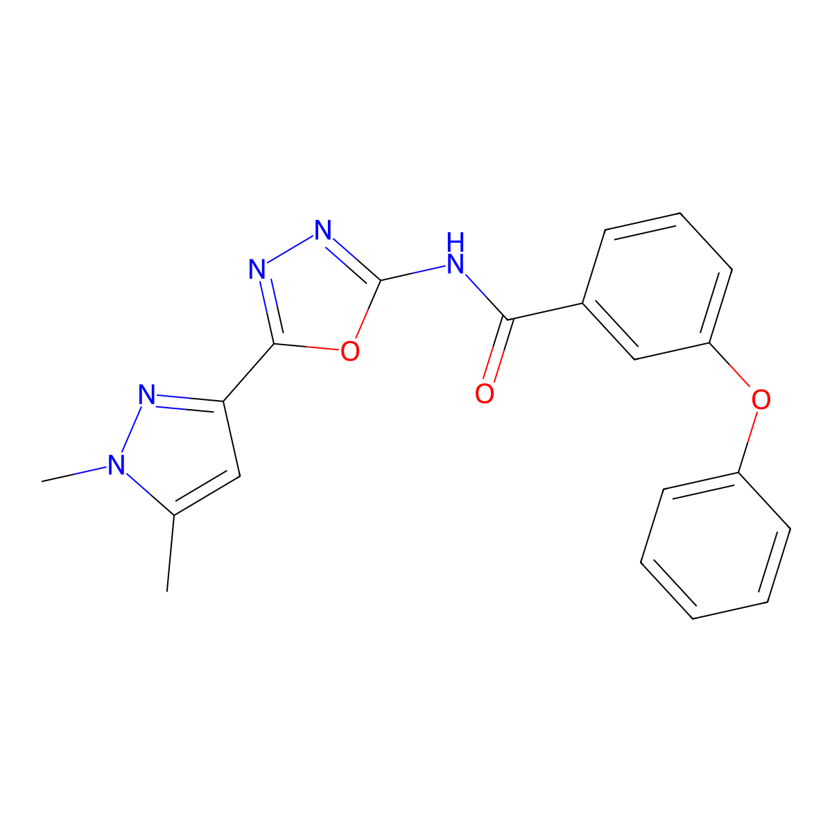 N-(5-(1,5-dimethyl-1H-pyrazol-3-yl)-1,3,4-oxadiazol-2-yl)-3-phenoxybenzamide molecular structure, CAS 1173079-53-2