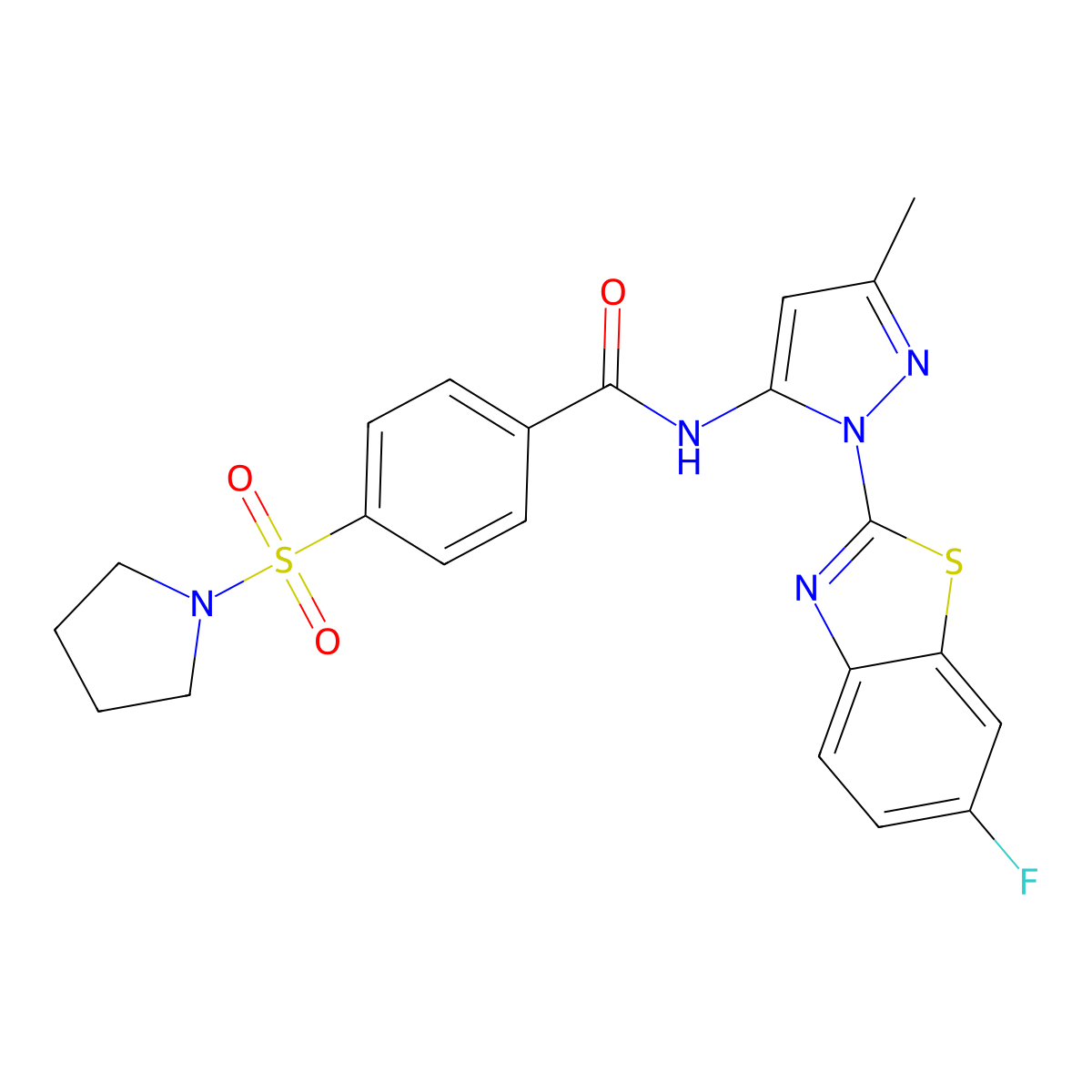 N-(1-(6-fluorobenzo[d]thiazol-2-yl)-3-methyl-1H-pyrazol-5-yl)-4-(pyrrolidin-1-ylsulfonyl)benzamide molecular structure, CAS 1173082-67-1