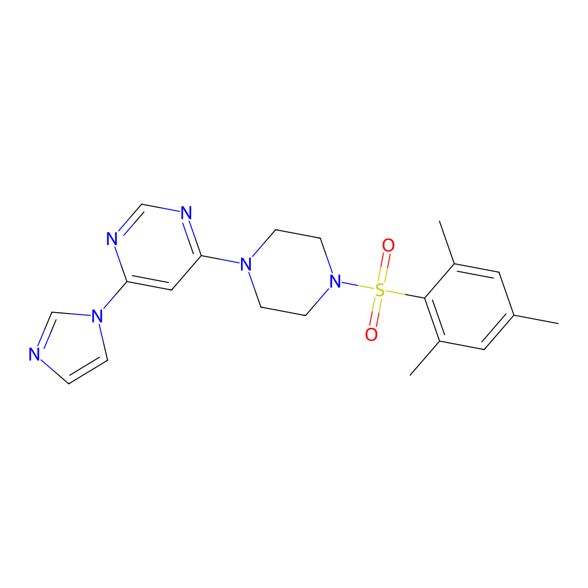 4-(1H-imidazol-1-yl)-6-(4-(mesitylsulfonyl)piperazin-1-yl)pyrimidine molecular structure, CAS 1173082-84-2