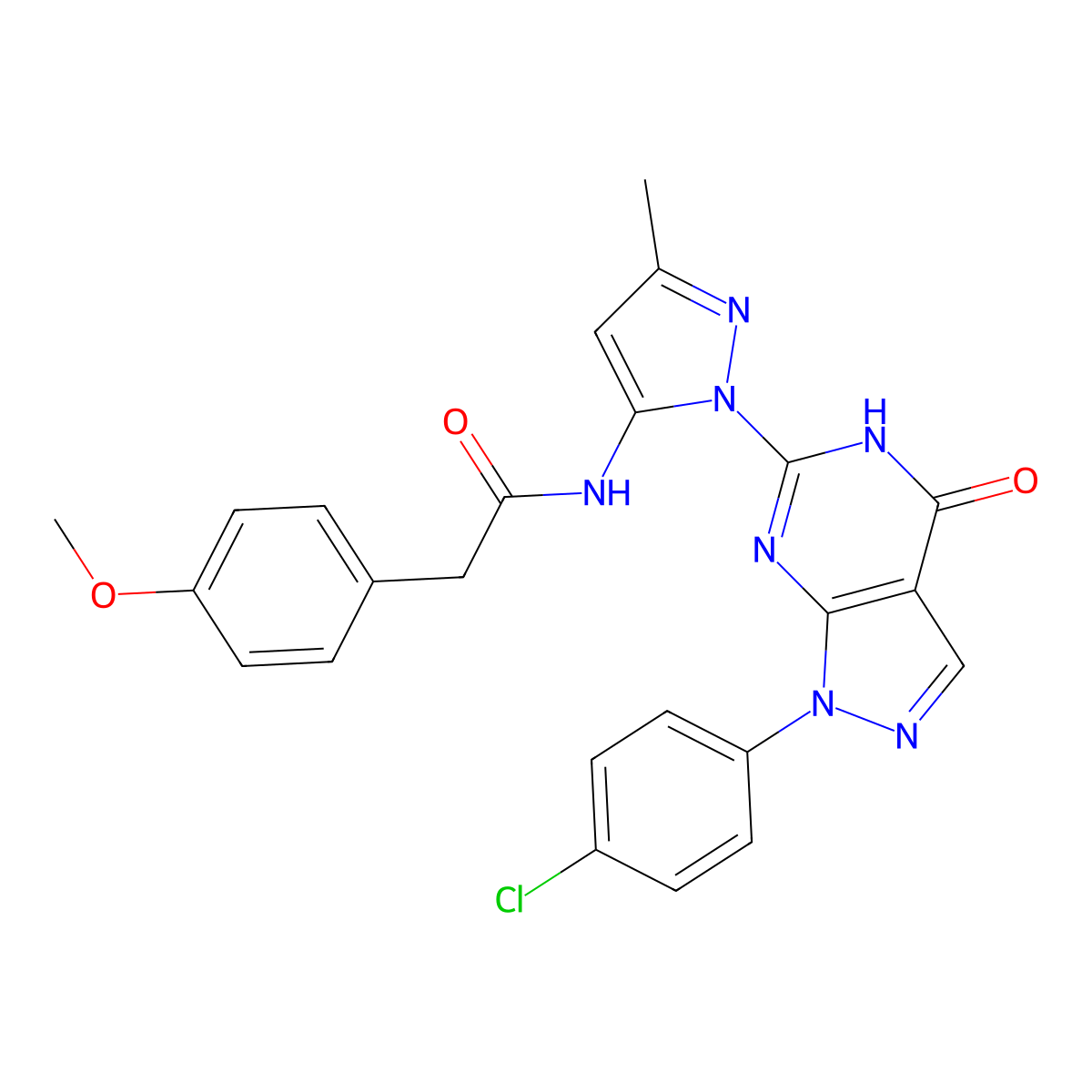 N-(1-(1-(4-chlorophenyl)-4-oxo-4,5-dihydro-1H-pyrazolo[3,4-d]pyrimidin-6-yl)-3-methyl-1H-pyrazol-5-yl)-2-(4-methoxyphenyl)acetamide molecular structure, CAS 1173083-67-4