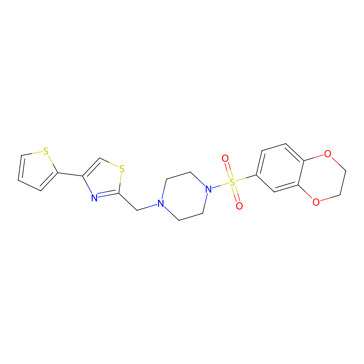 2-((4-((2,3-Dihydrobenzo[b][1,4]dioxin-6-yl)sulfonyl)piperazin-1-yl)methyl)-4-(thiophen-2-yl)thiazole molecular structure, CAS 1173084-23-5