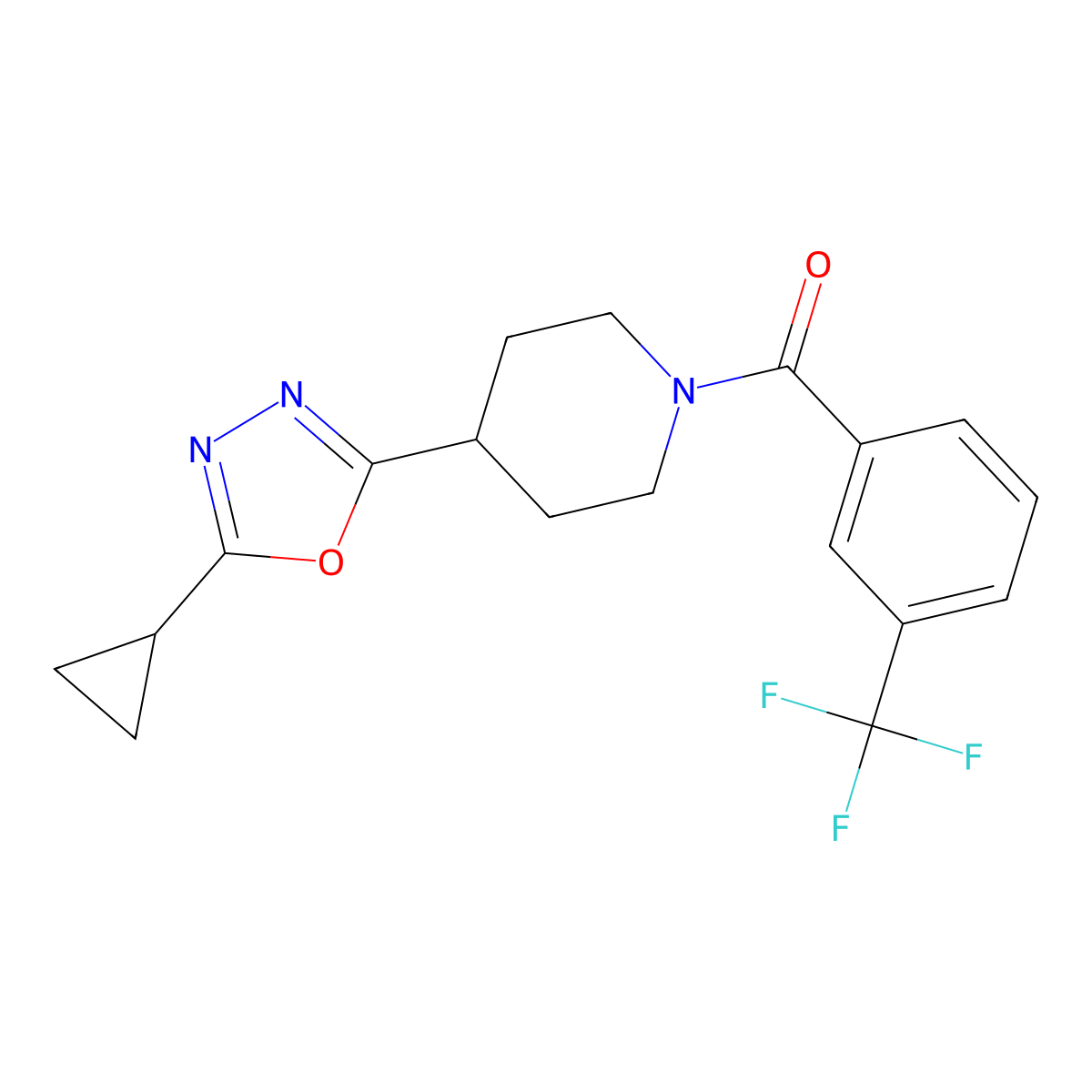 (4-(5-Cyclopropyl-1,3,4-oxadiazol-2-yl)piperidin-1-yl)(3-(trifluoromethyl)phenyl)methanone molecular structure, CAS 1173084-96-2
