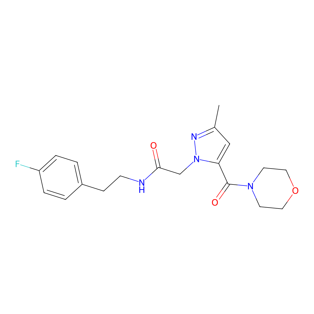 N-(4-fluorophenethyl)-2-(3-methyl-5-(morpholine-4-carbonyl)-1H-pyrazol-1-yl)acetamide molecular structure, CAS 1173085-45-4