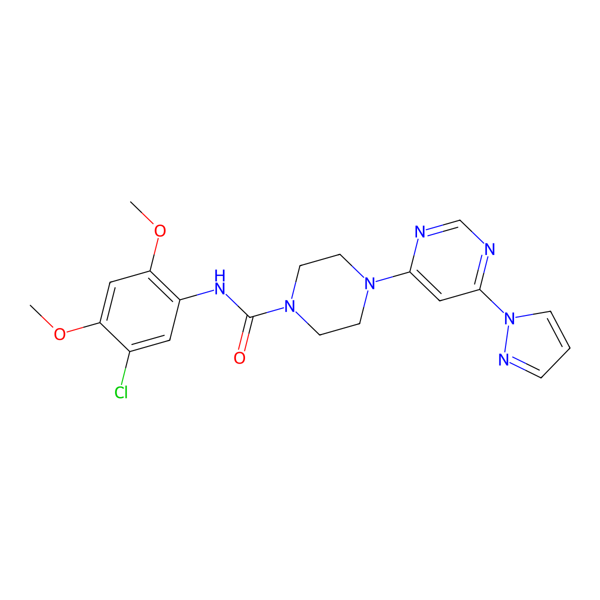 4-(6-(1H-pyrazol-1-yl)pyrimidin-4-yl)-N-(5-chloro-2,4-dimethoxyphenyl)piperazine-1-carboxamide molecular structure, CAS 1173098-65-1