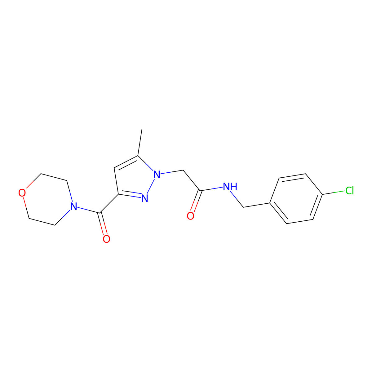 N-(4-chlorobenzyl)-2-(5-methyl-3-(morpholine-4-carbonyl)-1H-pyrazol-1-yl)acetamide molecular structure, CAS 1173100-85-0