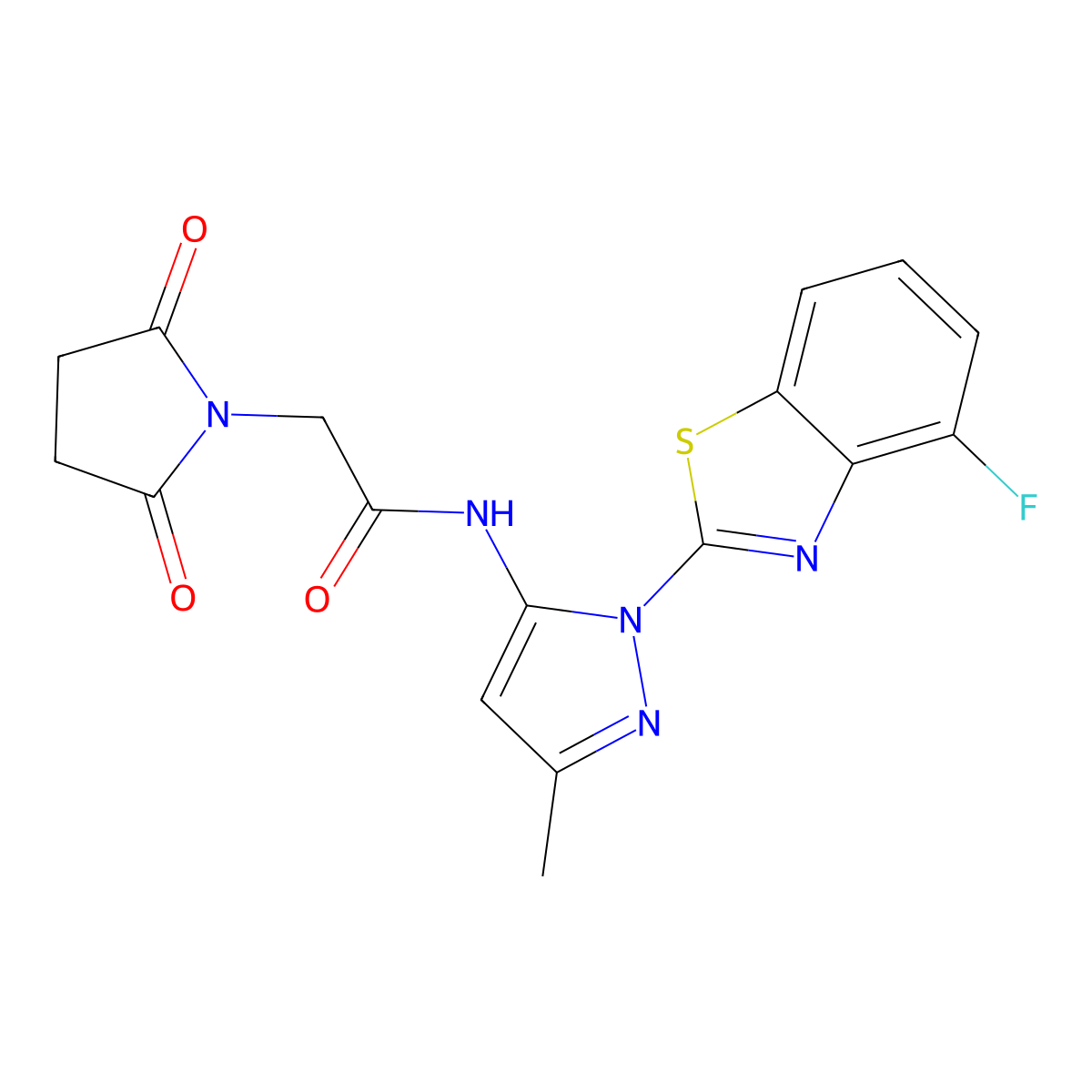 2-(2,5-dioxopyrrolidin-1-yl)-N-(1-(4-fluorobenzo[d]thiazol-2-yl)-3-methyl-1H-pyrazol-5-yl)acetamide molecular structure, CAS 1173100-97-4
