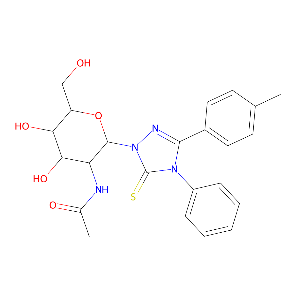 N-(4,5-dihydroxy-6-(hydroxymethyl)-2-(4-phenyl-5-thioxo-3-(p-tolyl)-4,5-dihydro-1H-1,2,4-triazol-1-yl)tetrahydro-2H-pyran-3-yl)acetamide molecular structure, CAS 1173199-66-0