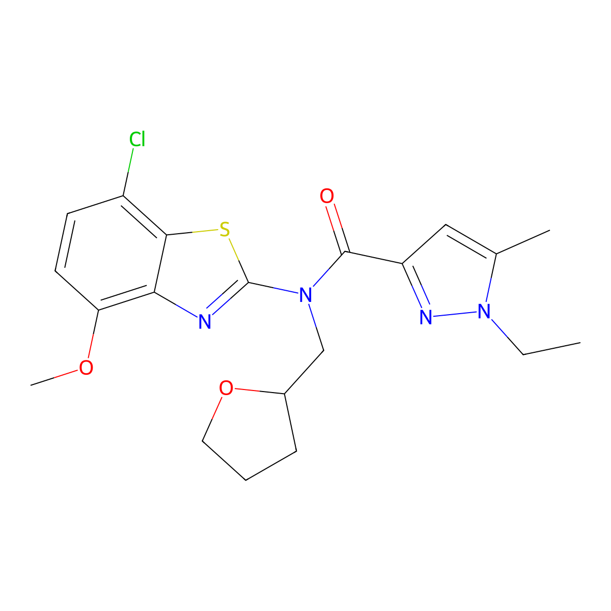 N-(7-chloro-4-methoxybenzo[d]thiazol-2-yl)-1-ethyl-5-methyl-N-((tetrahydrofuran-2-yl)methyl)-1H-pyrazole-3-carboxamide molecular structure, CAS 1173245-81-2