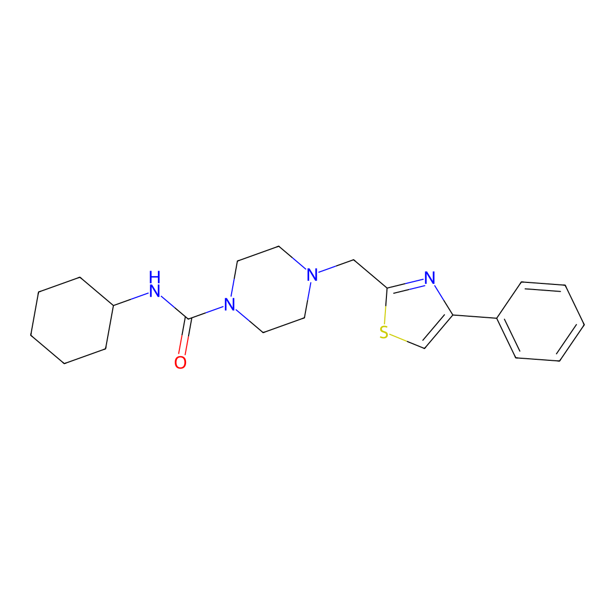 N-cyclohexyl-4-((4-phenylthiazol-2-yl)methyl)piperazine-1-carboxamide molecular structure, CAS 1173246-93-9