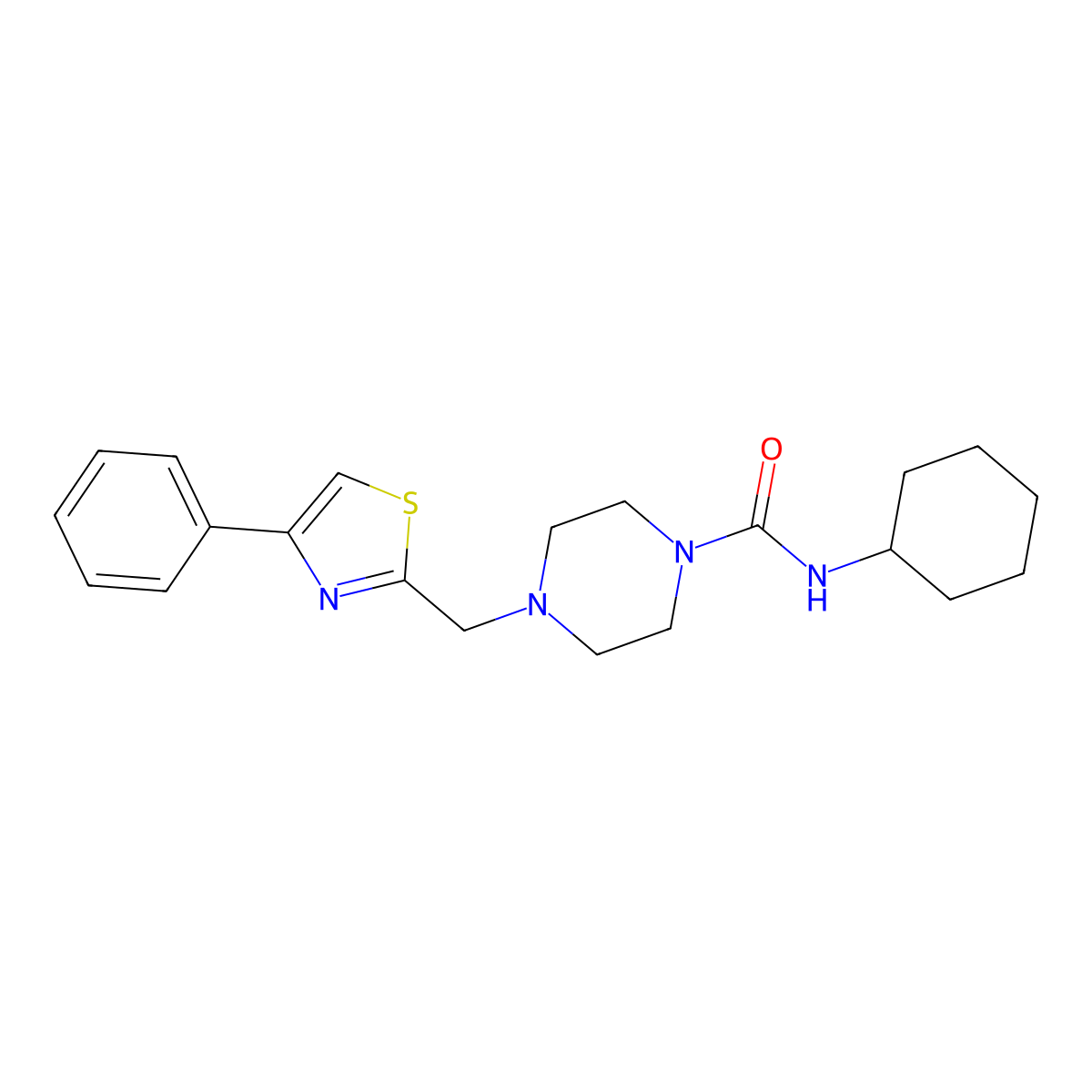 N-cyclohexyl-4-((4-phenylthiazol-2-yl)methyl)piperazine-1-carboxamide molecular structure, CAS 1173246-93-9