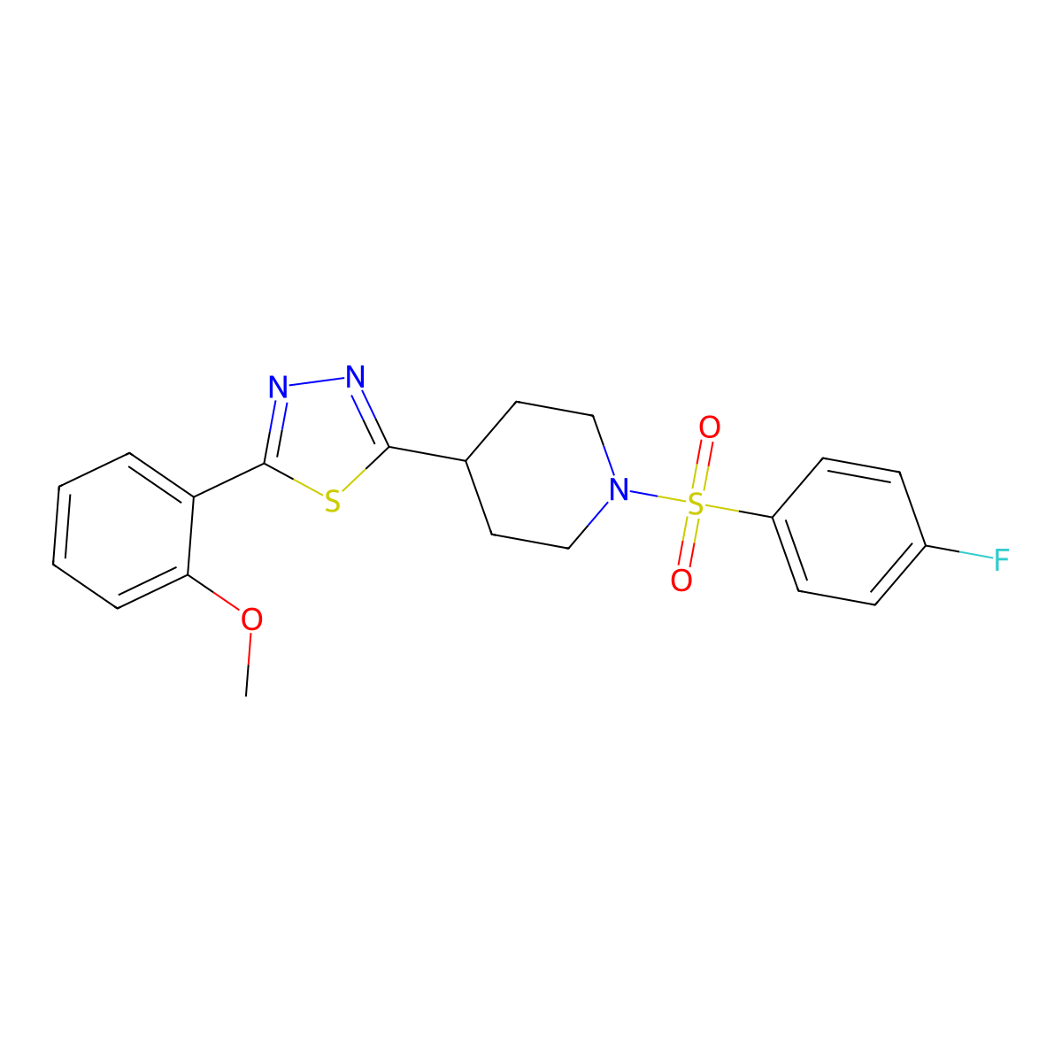 2-(1-((4-Fluorophenyl)sulfonyl)piperidin-4-yl)-5-(2-methoxyphenyl)-1,3,4-thiadiazole molecular structure, CAS 1173247-71-6
