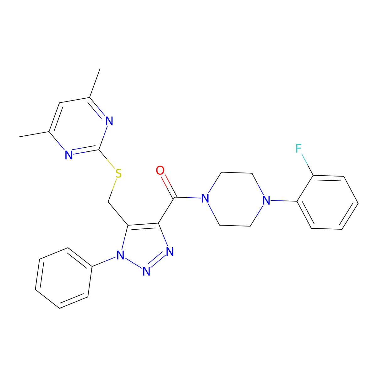 (5-(((4,6-dimethylpyrimidin-2-yl)thio)methyl)-1-phenyl-1H-1,2,3-triazol-4-yl)(4-(2-fluorophenyl)piperazin-1-yl)methanone molecular structure, CAS 1173248-00-4