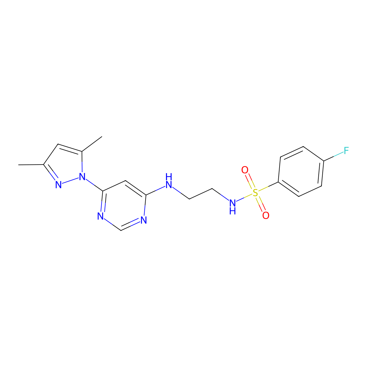 N-(2-((6-(3,5-dimethyl-1H-pyrazol-1-yl)pyrimidin-4-yl)amino)ethyl)-4-fluorobenzenesulfonamide molecular structure, CAS 1173250-26-4
