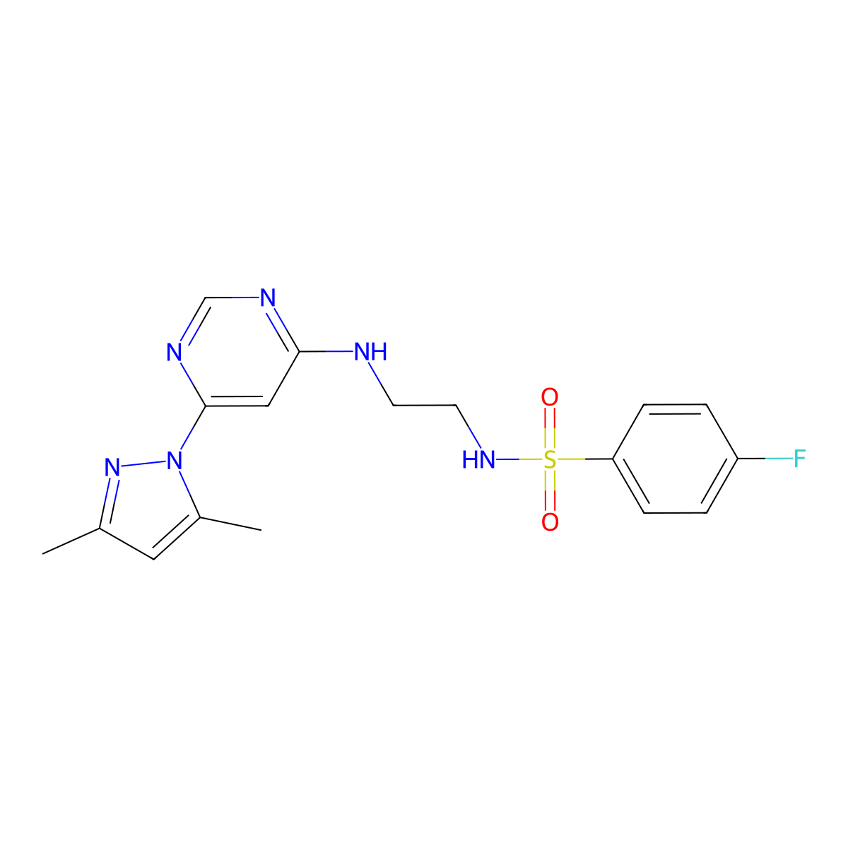N-(2-((6-(3,5-dimethyl-1H-pyrazol-1-yl)pyrimidin-4-yl)amino)ethyl)-4-fluorobenzenesulfonamide molecular structure, CAS 1173250-26-4