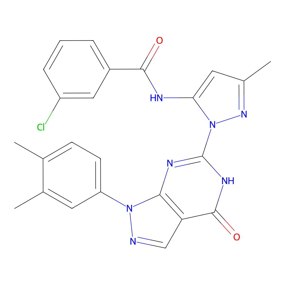 3-chloro-N-(1-(1-(3,4-dimethylphenyl)-4-oxo-4,5-dihydro-1H-pyrazolo[3,4-d]pyrimidin-6-yl)-3-methyl-1H-pyrazol-5-yl)benzamide molecular structure, CAS 1173252-10-2