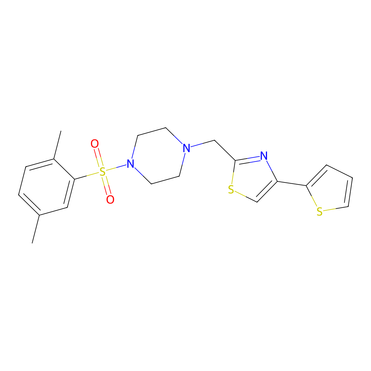 2-((4-((2,5-Dimethylphenyl)sulfonyl)piperazin-1-yl)methyl)-4-(thiophen-2-yl)thiazole molecular structure, CAS 1173253-03-6