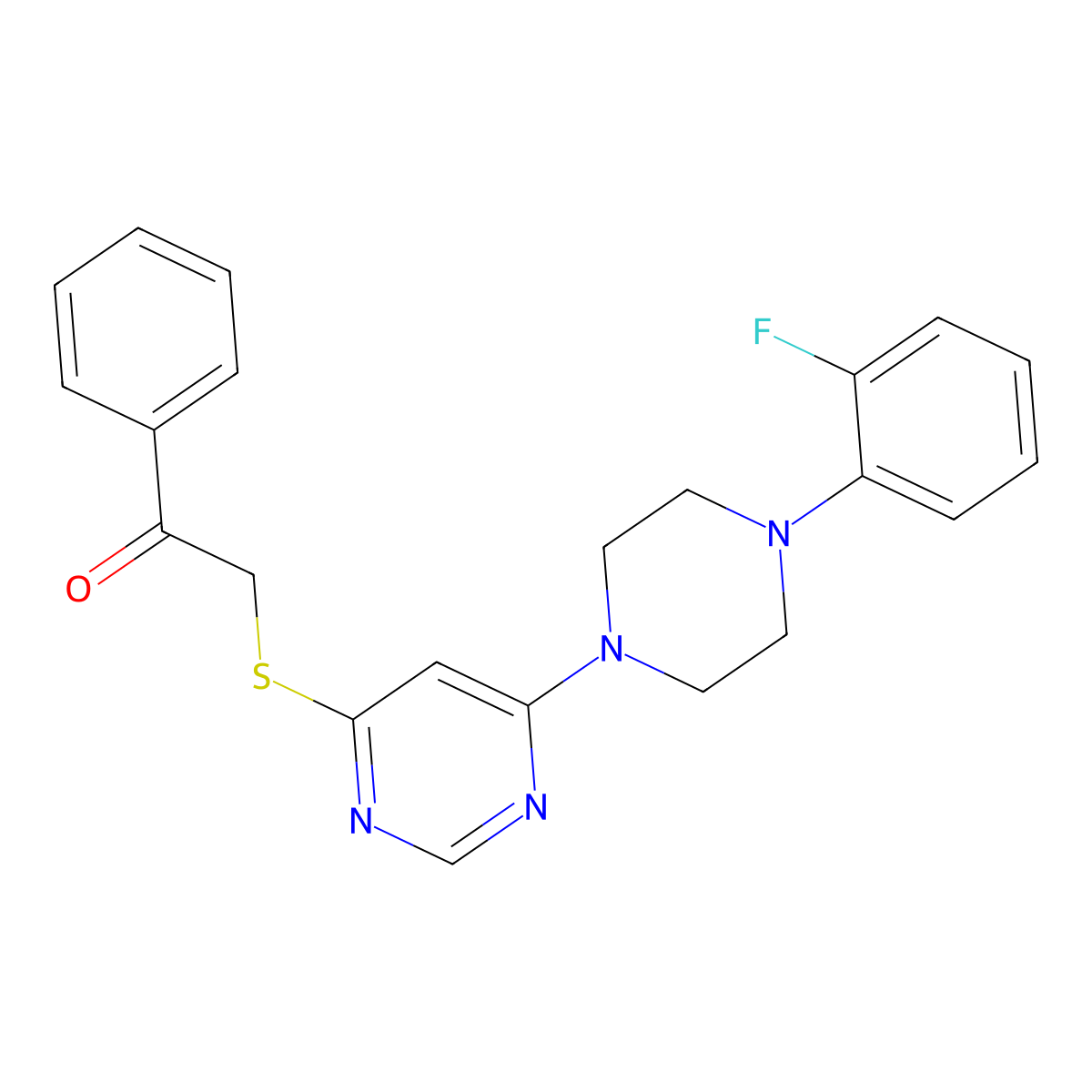 2-((6-(4-(2-Fluorophenyl)piperazin-1-yl)pyrimidin-4-yl)thio)-1-phenylethanone molecular structure, CAS 1173255-49-6