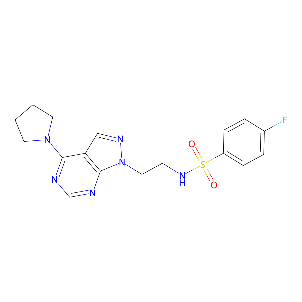 4-fluoro-N-(2-(4-(pyrrolidin-1-yl)-1H-pyrazolo[3,4-d]pyrimidin-1-yl)ethyl)benzenesulfonamide molecular structure, CAS 1173257-64-1
