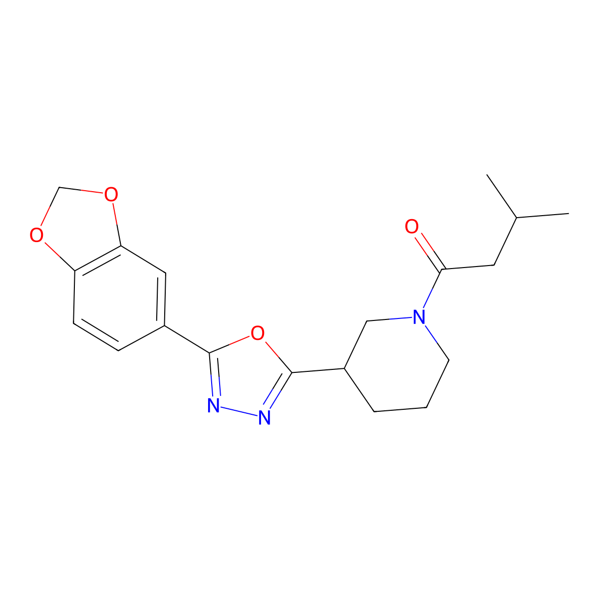 1-(3-(5-(Benzo[d][1,3]dioxol-5-yl)-1,3,4-oxadiazol-2-yl)piperidin-1-yl)-3-methylbutan-1-one molecular structure, CAS 1173260-96-2