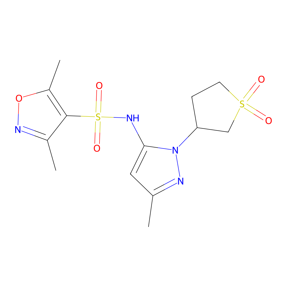 N-(1-(1,1-dioxidotetrahydrothiophen-3-yl)-3-methyl-1H-pyrazol-5-yl)-3,5-dimethylisoxazole-4-sulfonamide molecular structure, CAS 1173260-98-4