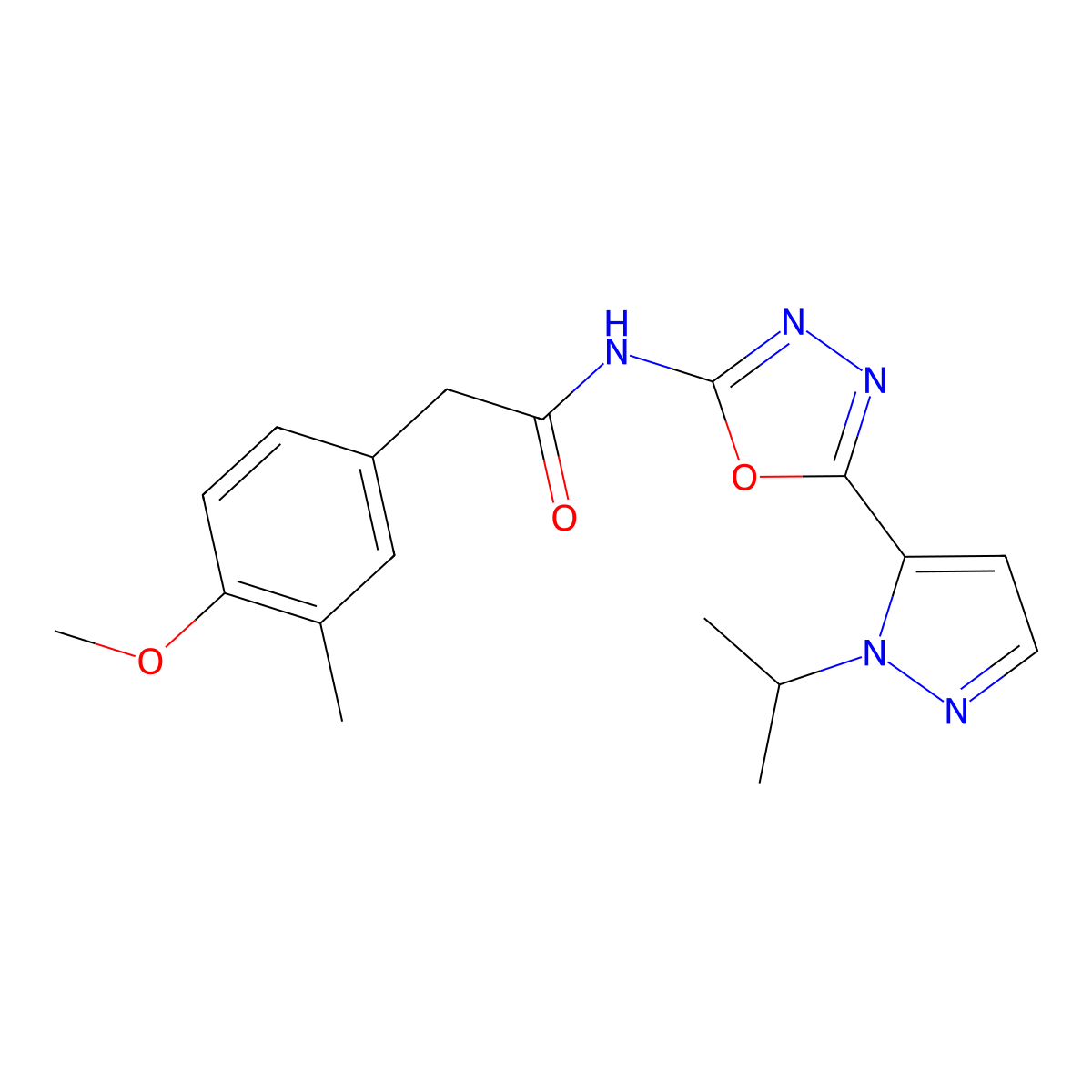 N-(5-(1-isopropyl-1H-pyrazol-5-yl)-1,3,4-oxadiazol-2-yl)-2-(4-methoxy-3-methylphenyl)acetamide molecular structure, CAS 1173261-58-9