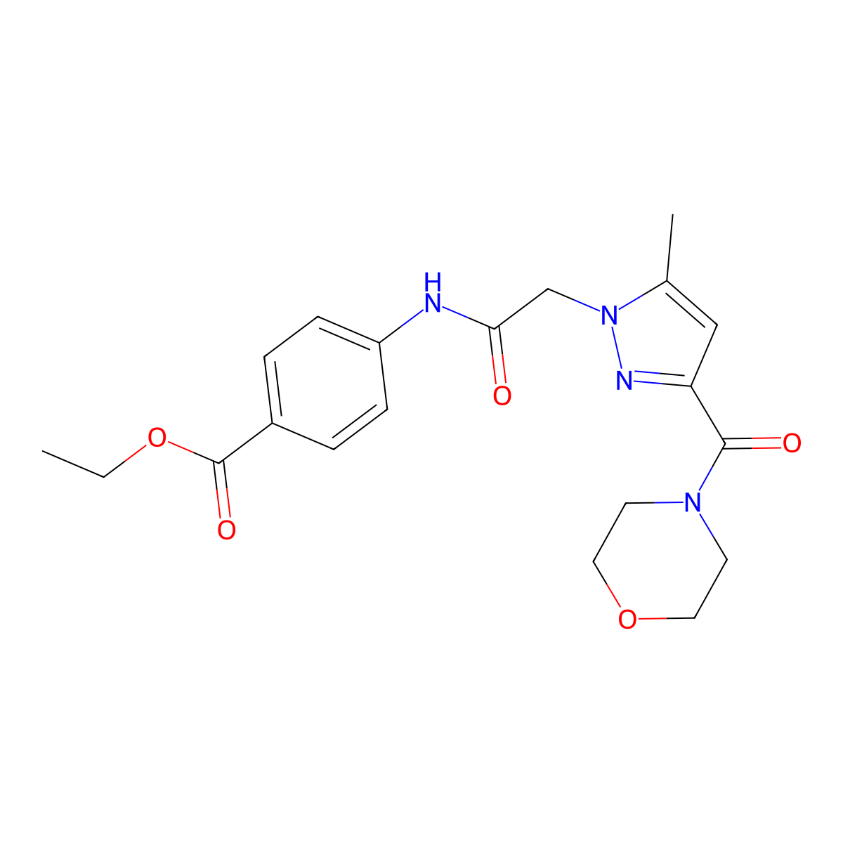 ethyl 4-{2-[5-methyl-3-(morpholine-4-carbonyl)-1H-pyrazol-1-yl]acetamido}benzoate molecular structure, CAS 1173262-47-9