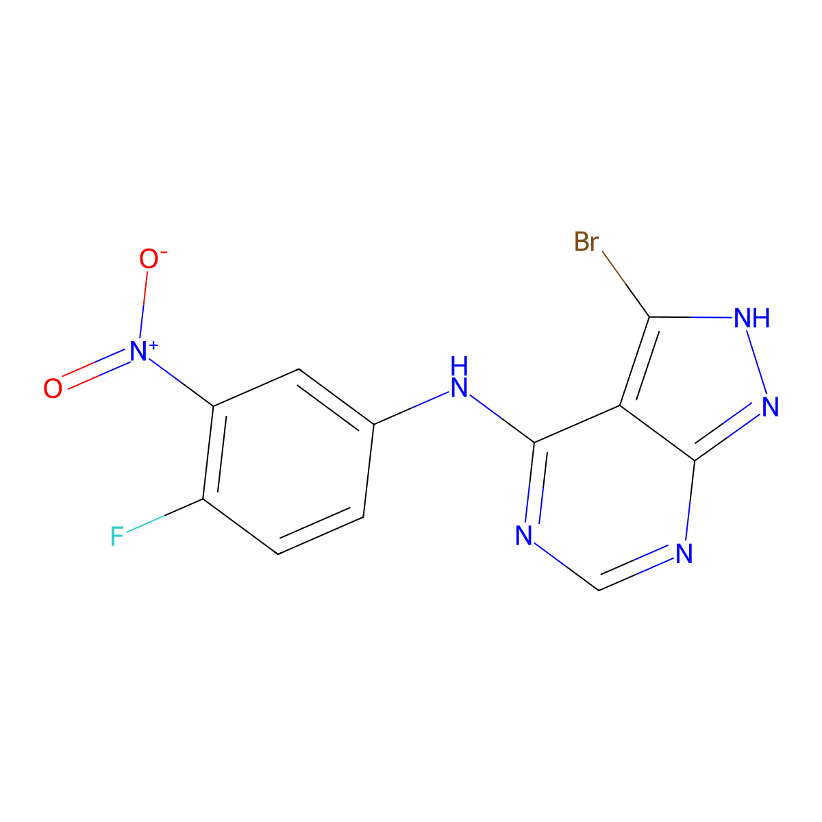 3-Bromo-N-(4-fluoro-3-nitrophenyl)-1H-pyrazolo[3,4-d]pyrimidin-4-amine molecular structure, CAS 1173265-26-3