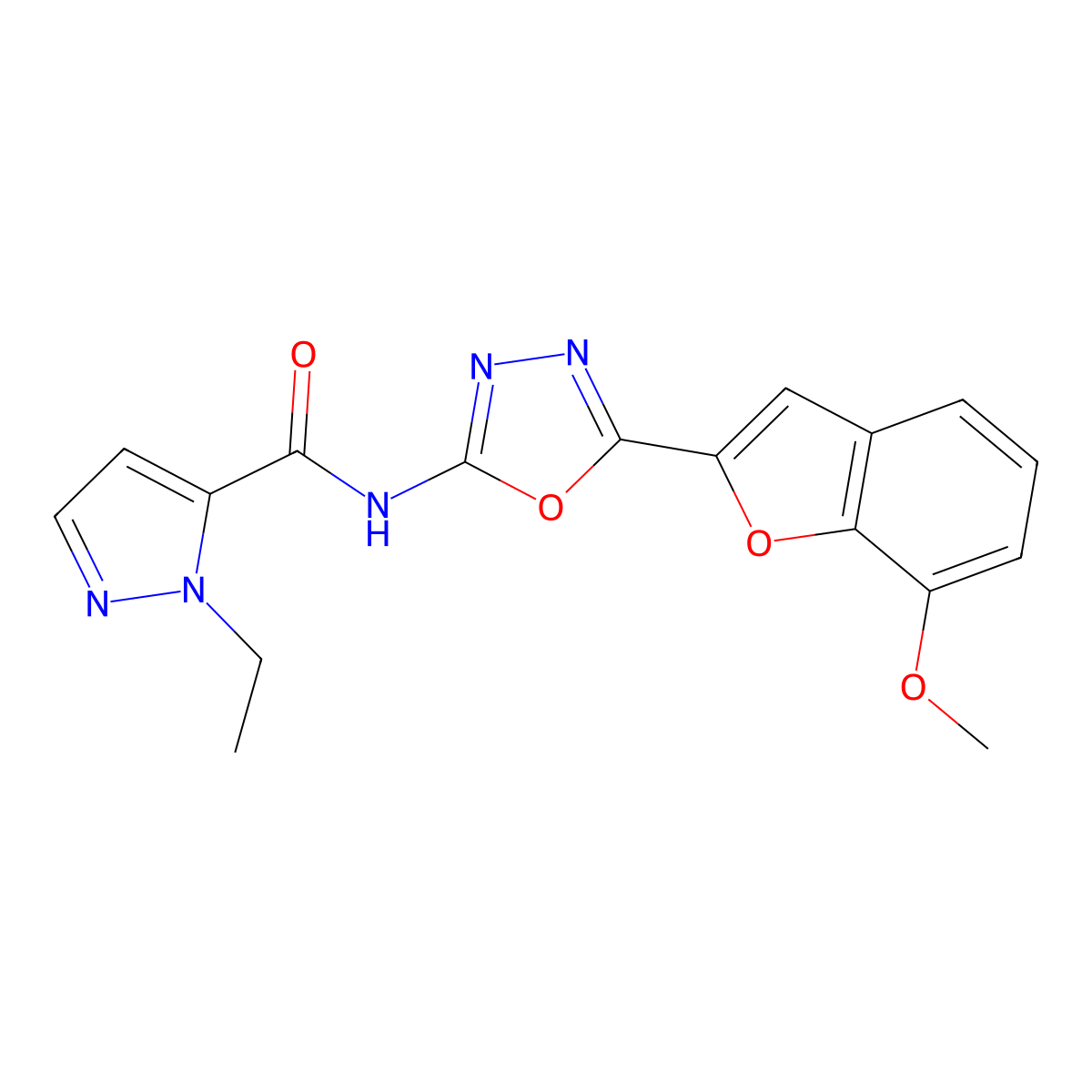 1-ethyl-N-(5-(7-methoxybenzofuran-2-yl)-1,3,4-oxadiazol-2-yl)-1H-pyrazole-5-carboxamide molecular structure, CAS 1173265-29-6