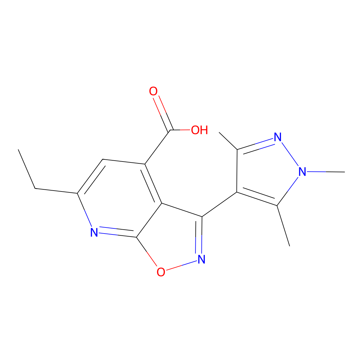 6-Ethyl-3-(1,3,5-trimethyl-1H-pyrazol-4-yl)isoxazolo[5,4-b]pyridine-4-carboxylic acid molecular structure, CAS 1173266-66-4