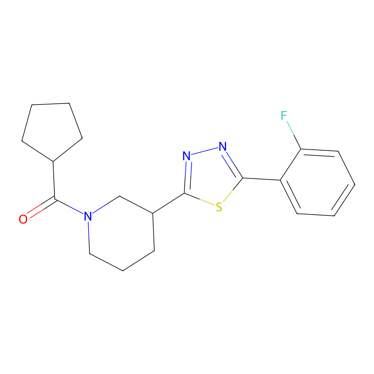 Cyclopentyl(3-(5-(2-fluorophenyl)-1,3,4-thiadiazol-2-yl)piperidin-1-yl)methanone molecular structure, CAS 1173267-19-0