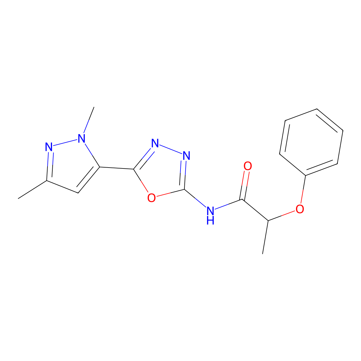 N-[5-(1,3-dimethyl-1H-pyrazol-5-yl)-1,3,4-oxadiazol-2-yl]-2-phenoxypropanamide molecular structure, CAS 1173267-86-1