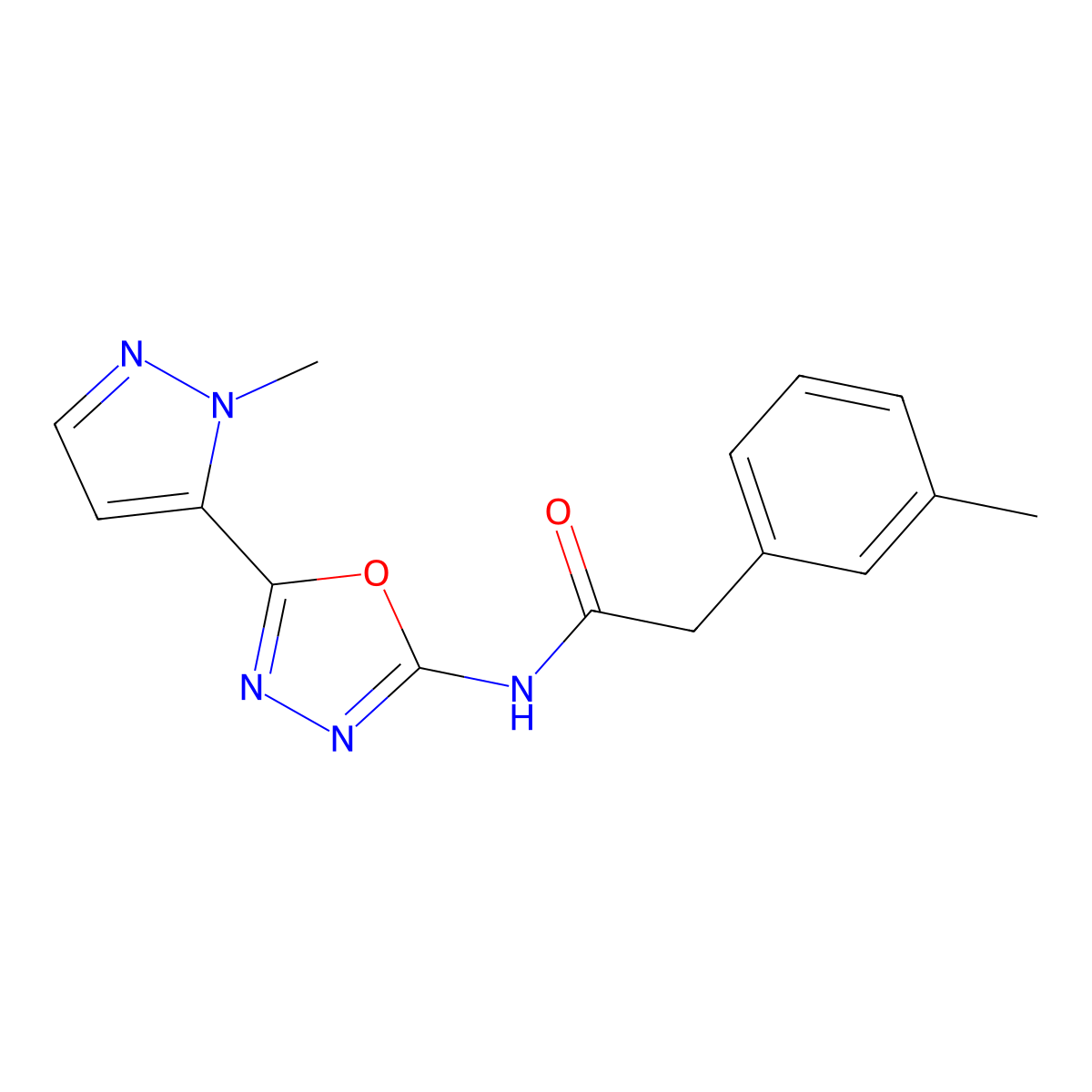 N-(5-(1-methyl-1H-pyrazol-5-yl)-1,3,4-oxadiazol-2-yl)-2-(m-tolyl)acetamide molecular structure, CAS 1173267-88-3