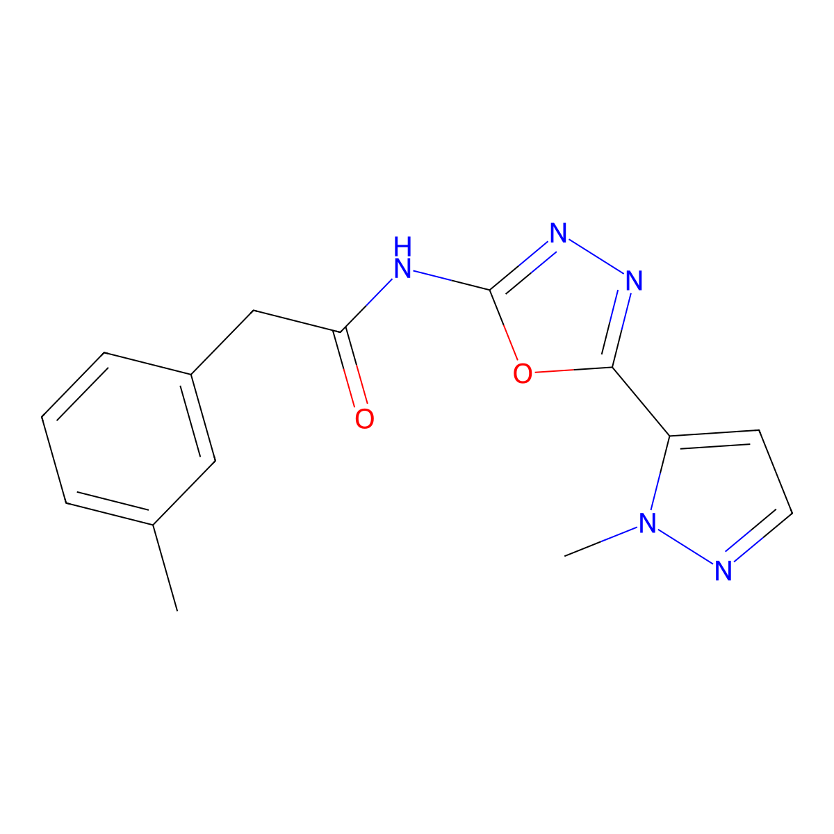 N-(5-(1-methyl-1H-pyrazol-5-yl)-1,3,4-oxadiazol-2-yl)-2-(m-tolyl)acetamide molecular structure, CAS 1173267-88-3