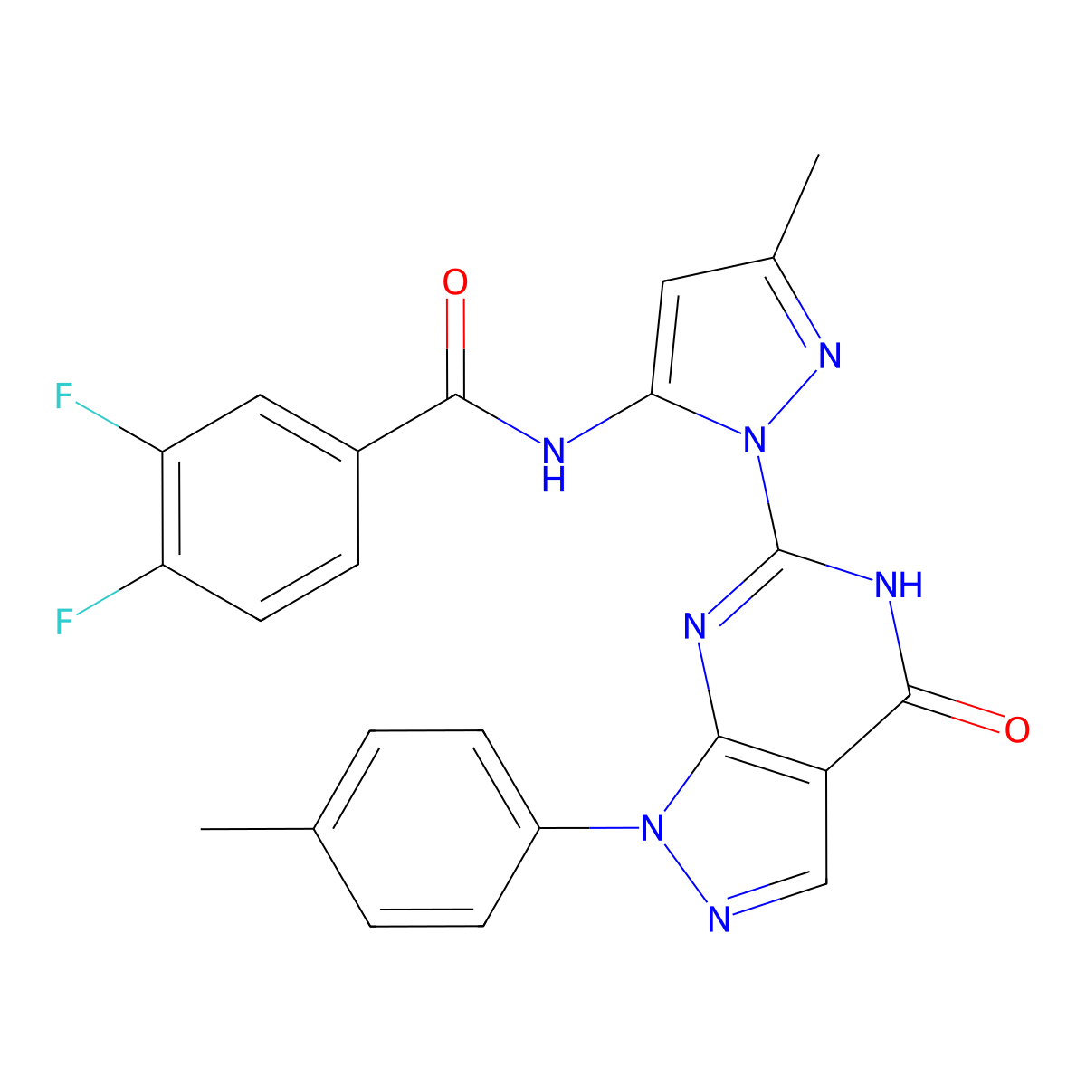 3,4-difluoro-N-(3-methyl-1-(4-oxo-1-(p-tolyl)-4,5-dihydro-1H-pyrazolo[3,4-d]pyrimidin-6-yl)-1H-pyrazol-5-yl)benzamide molecular structure, CAS 1173268-15-9