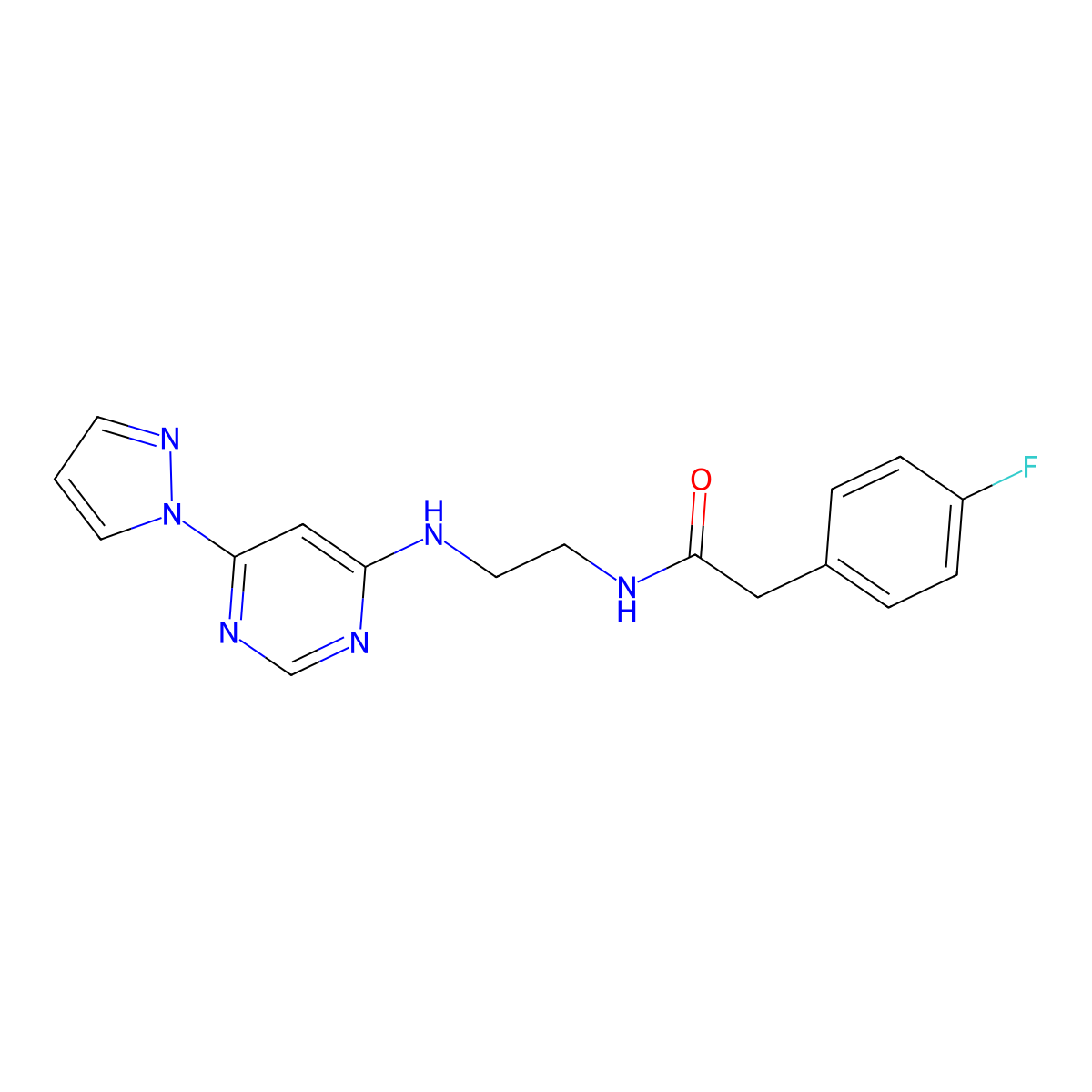 N-(2-((6-(1H-pyrazol-1-yl)pyrimidin-4-yl)amino)ethyl)-2-(4-fluorophenyl)acetamide molecular structure, CAS 1173268-29-5