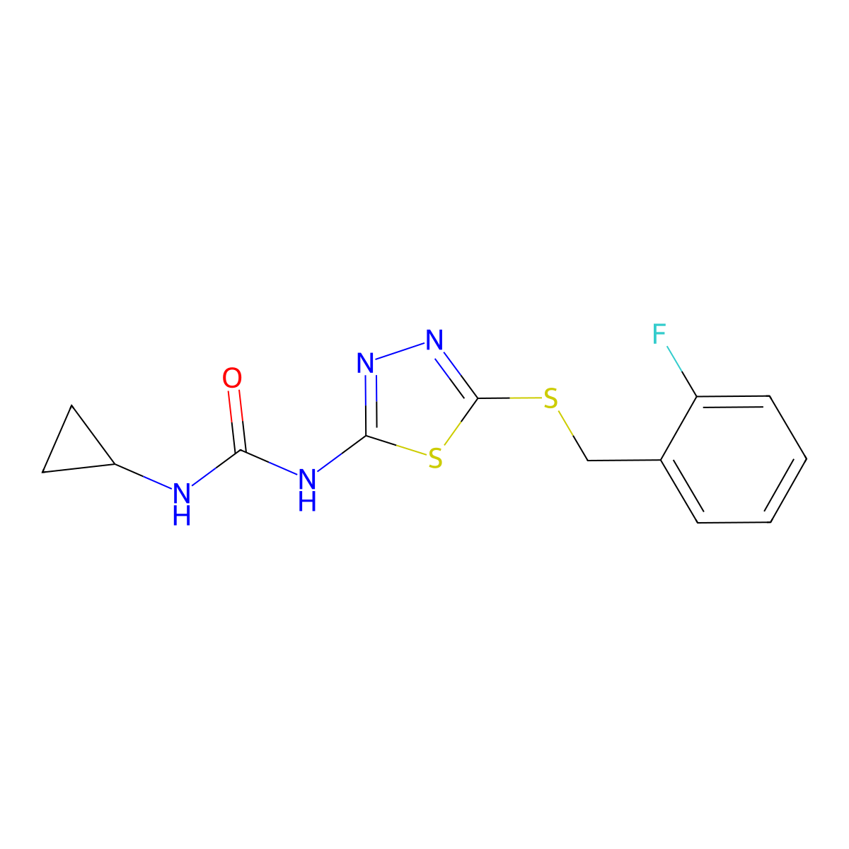 1-Cyclopropyl-3-(5-((2-fluorobenzyl)thio)-1,3,4-thiadiazol-2-yl)urea molecular structure, CAS 1173269-51-6