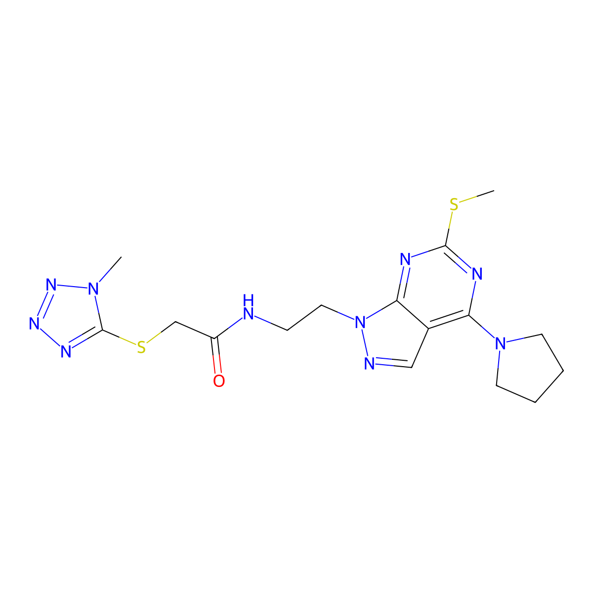 2-[(1-methyl-1H-1,2,3,4-tetrazol-5-yl)sulfanyl]-N-{2-[6-(methylsulfanyl)-4-(pyrrolidin-1-yl)-1H-pyrazolo[3,4-d]pyrimidin-1-yl]ethyl}acetamide molecular structure, CAS 1173273-04-5