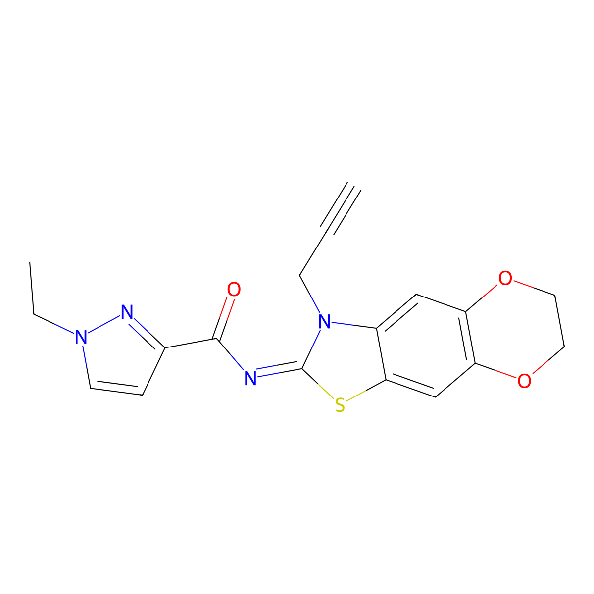 1-ethyl-N-[(5Z)-6-(prop-2-yn-1-yl)-10,13-dioxa-4-thia-6-azatricyclo[7.4.0.0^{3,7}]trideca-1,3(7),8-trien-5-ylidene]-1H-pyrazole-3-carboxamide molecular structure, CAS 1173313-97-7
